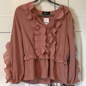 Dusty rose long sleeved ruffled blouse Size L